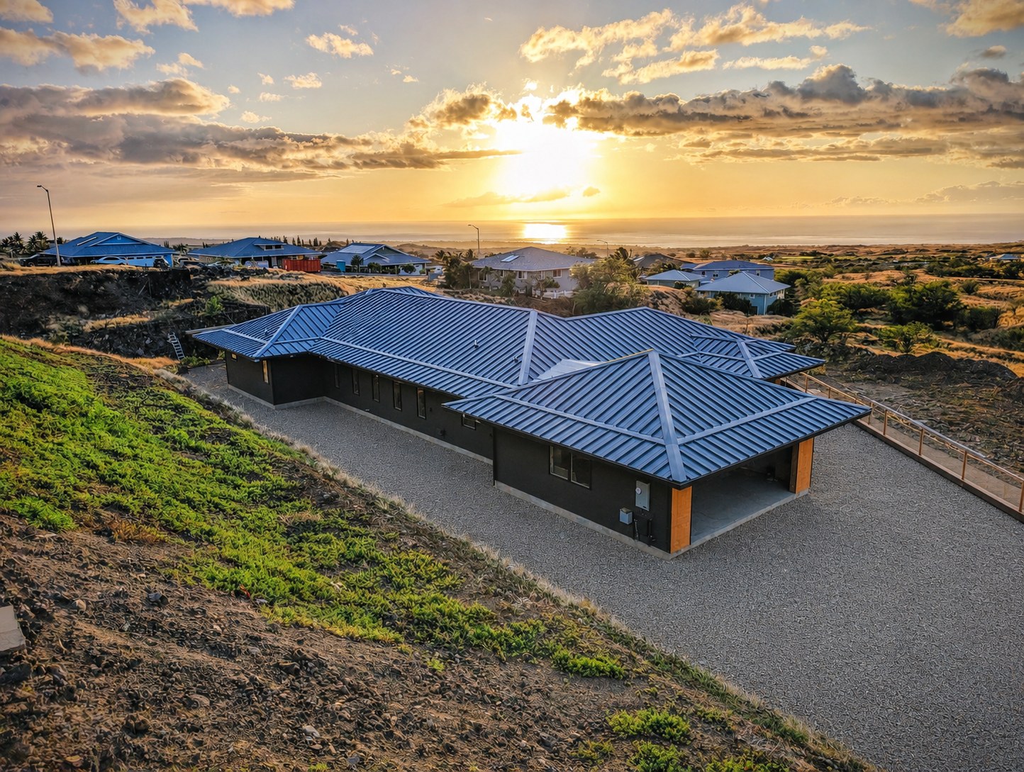 Custom Caraveli home at sunset over the Kohala coast