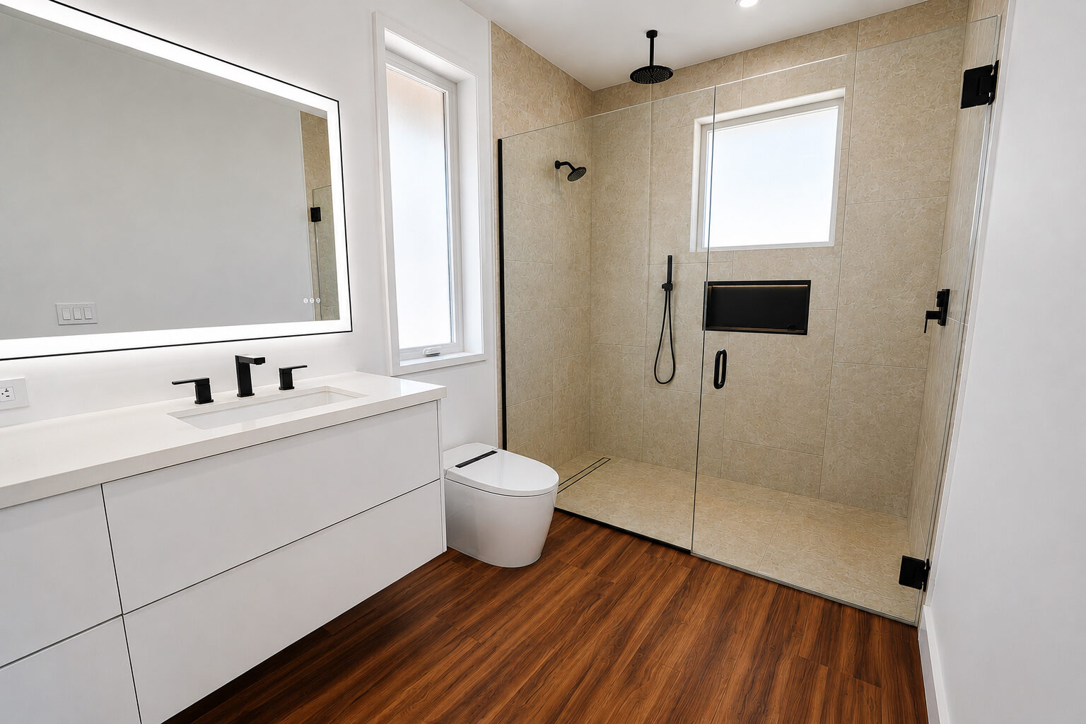 Guest bath with matte-black fixtures